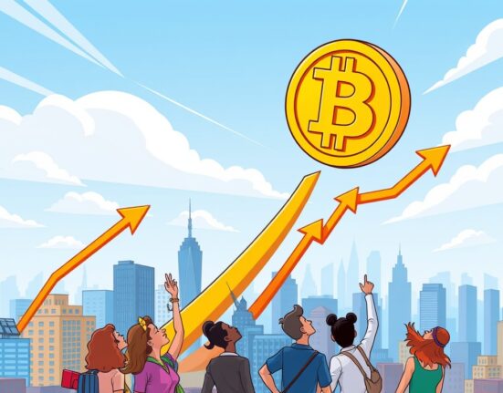 A vibrant cartoon illustration of a Bitcoin symbol soaring above a city, representing the remarkable Bitcoin Price surge.