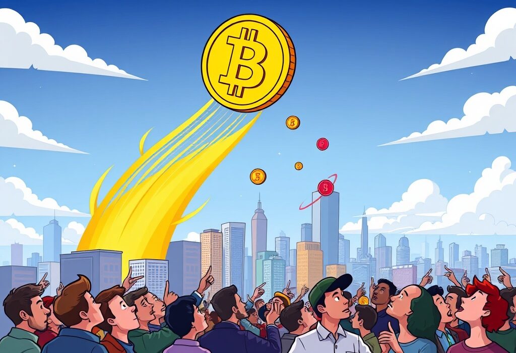 A cartoon illustration showing the Bitcoin price soaring high, symbolizing a monumental rise in the cryptocurrency market.