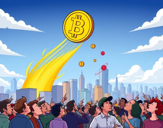 A cartoon illustration showing the Bitcoin price soaring high, symbolizing a monumental rise in the cryptocurrency market.