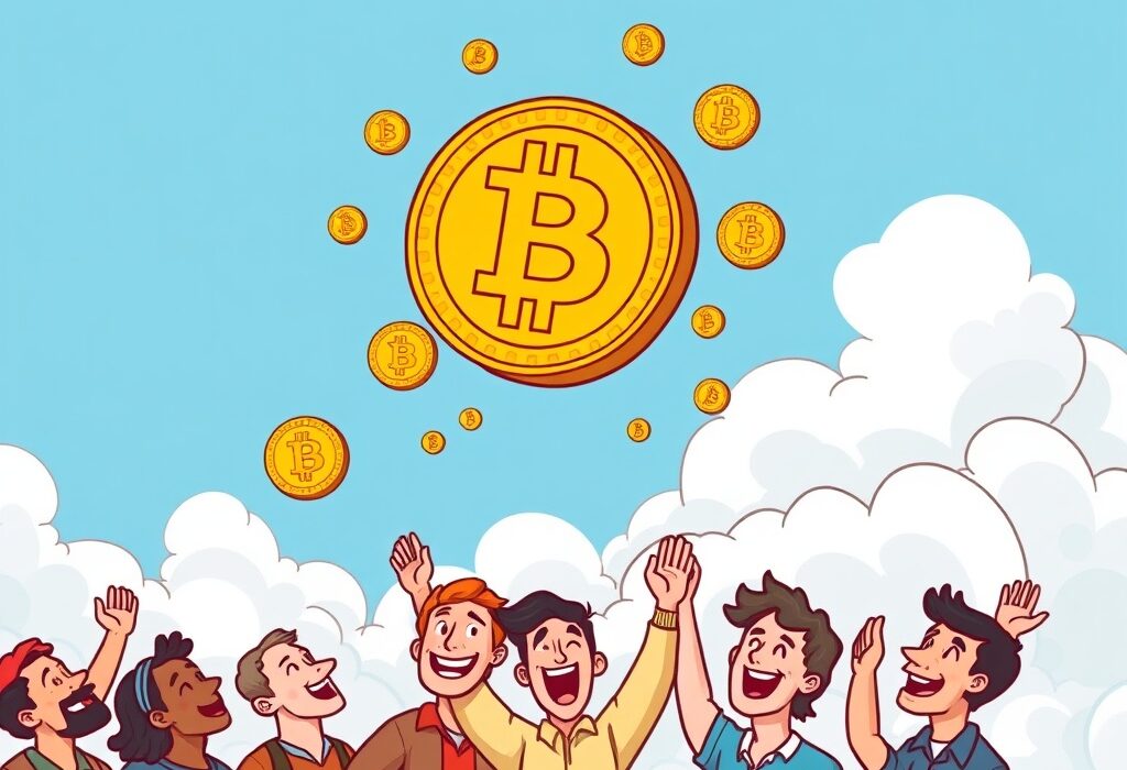 A cartoon illustration symbolizing the monumental Bitcoin price surge as BTC breaks $121,000, exciting the cryptocurrency market.