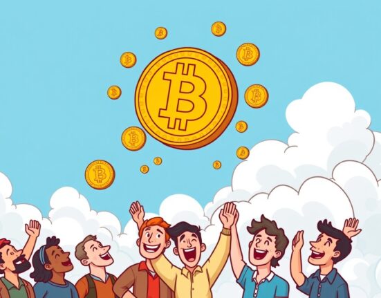 A cartoon illustration symbolizing the monumental Bitcoin price surge as BTC breaks $121,000, exciting the cryptocurrency market.