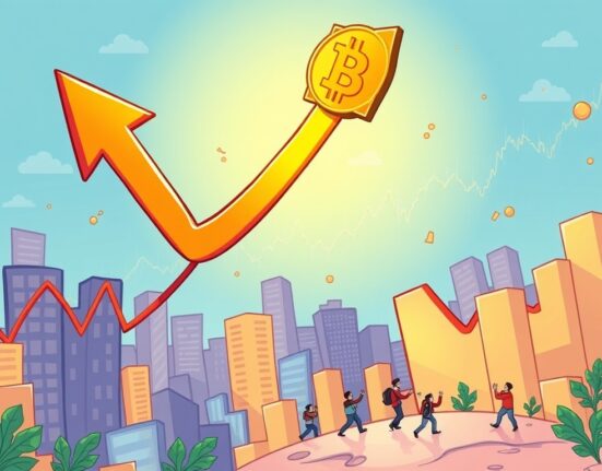A cartoon illustration showing the Bitcoin price soaring above $112,000, representing a significant market rally.