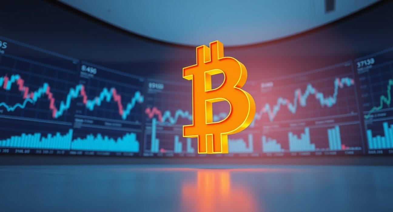 Bitcoin (BTC) logo ascends against a financial data backdrop, symbolizing its price surge above
