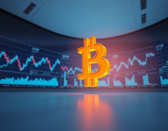 Bitcoin (BTC) logo ascends against a financial data backdrop, symbolizing its price surge above