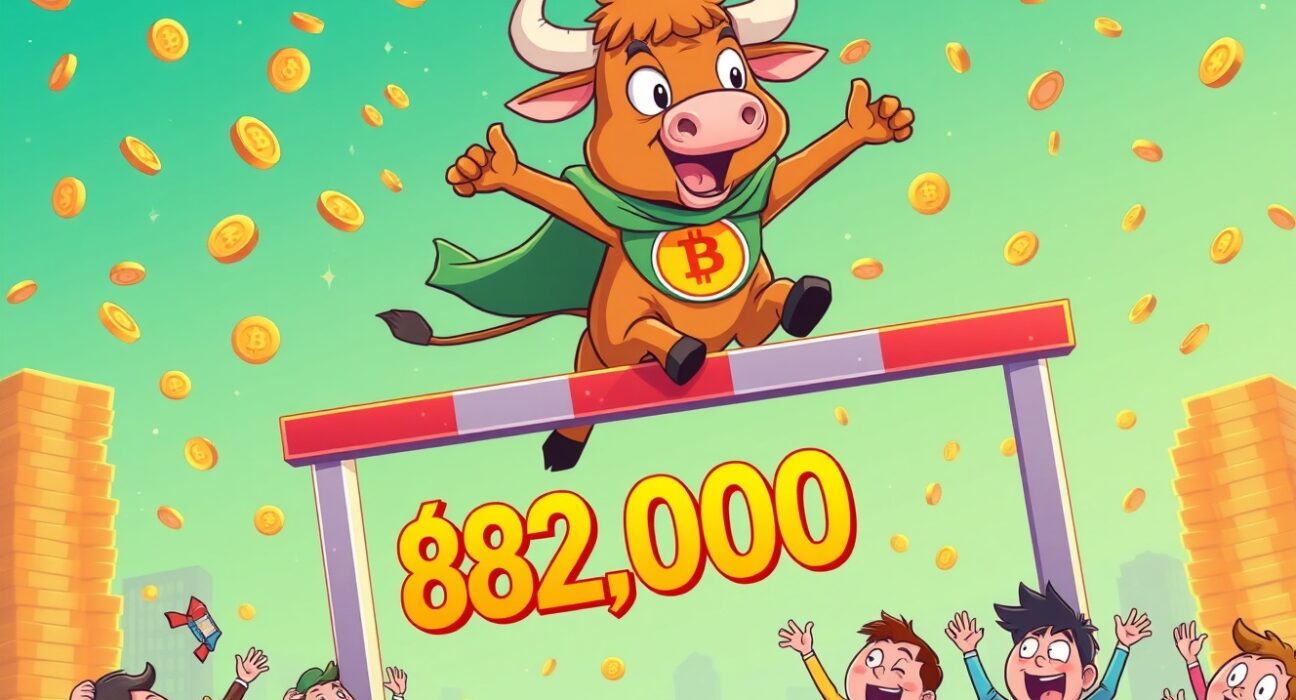 Bitcoin price surge celebration as digital coin breaks through $82,000 barrier in vibrant cartoon style