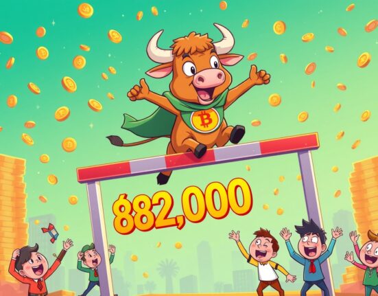 Bitcoin price surge celebration as digital coin breaks through $82,000 barrier in vibrant cartoon style