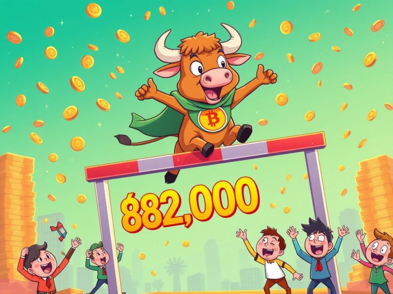 Bitcoin price surge celebration as digital coin breaks through $82,000 barrier in vibrant cartoon style