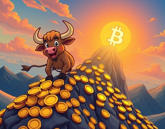 Bitcoin price surge represented by bull climbing coin mountain to golden BTC peak