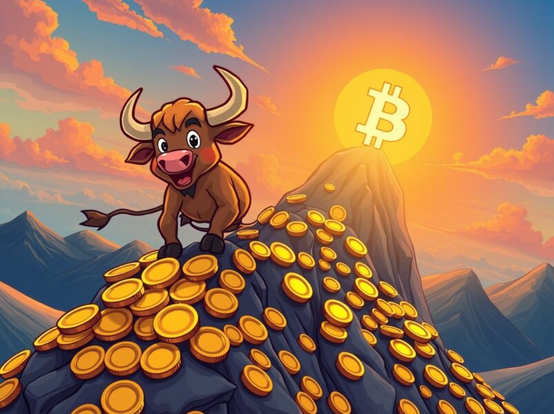 Bitcoin price surge represented by bull climbing coin mountain to golden BTC peak