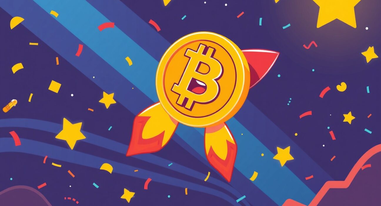 Bitcoin price celebration as digital coin rocket reaches new heights