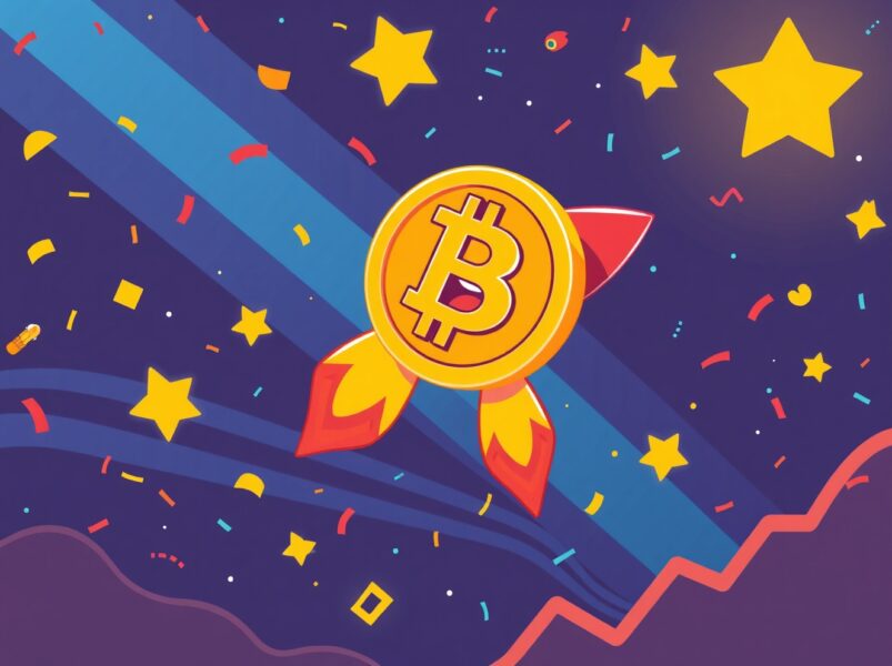 Bitcoin price celebration as digital coin rocket reaches new heights