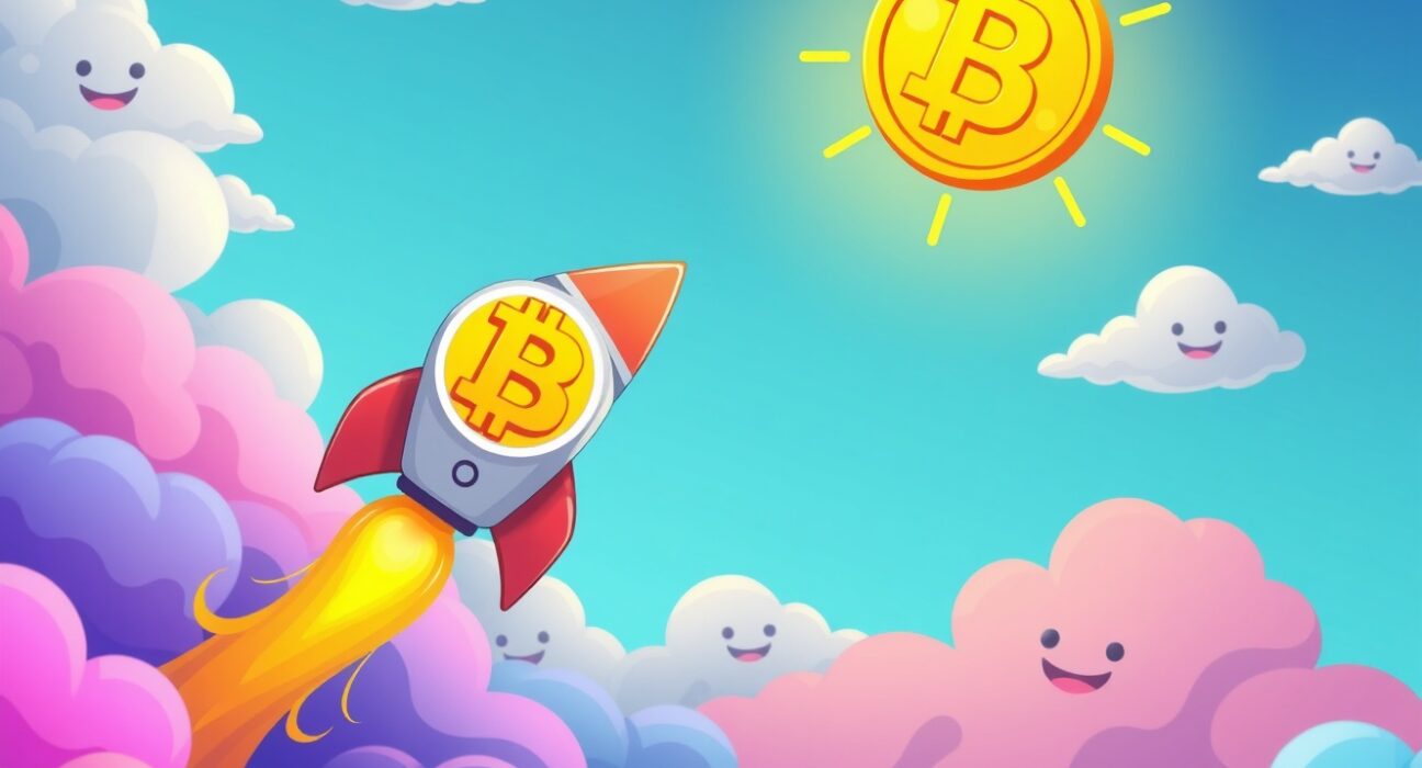 Bitcoin price surge illustrated as rocket reaching new heights in cryptocurrency market