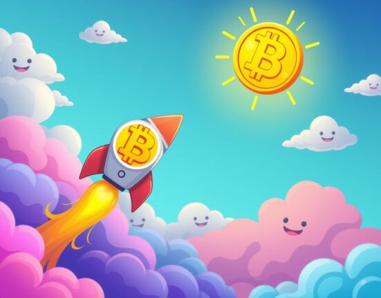 Bitcoin price surge illustrated as rocket reaching new heights in cryptocurrency market