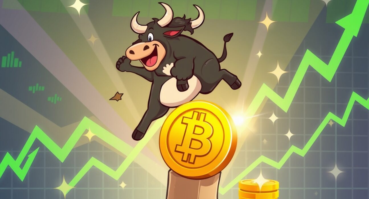 Bitcoin price surge illustrated as rocket reaching new heights in cryptocurrency market