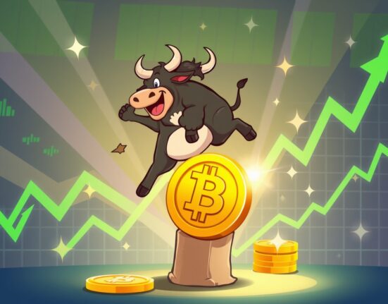 A cartoon bull leaping over a golden Bitcoin coin, symbolizing the powerful Bitcoin price surge.