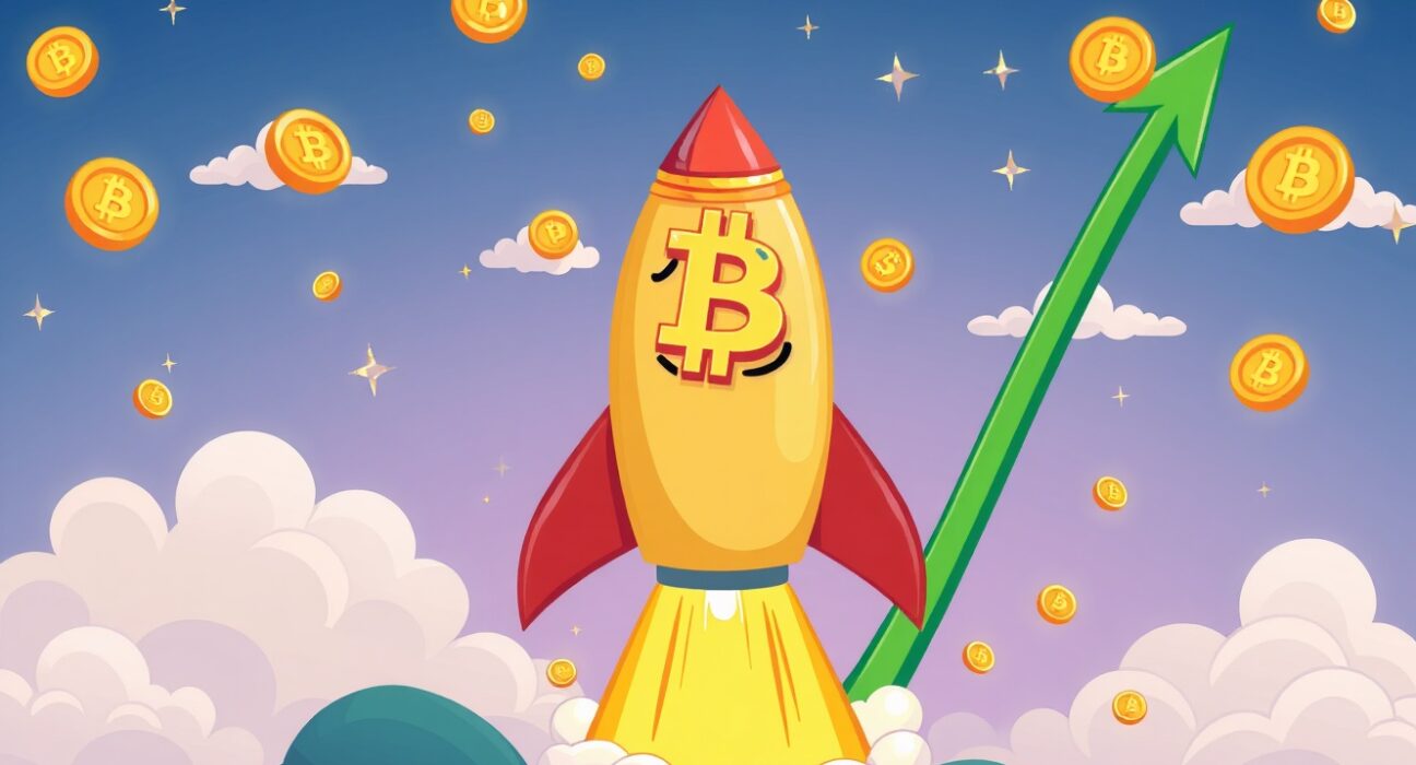 A cartoon rocket shaped like Bitcoin blasting off, symbolizing the stunning Bitcoin price surge.