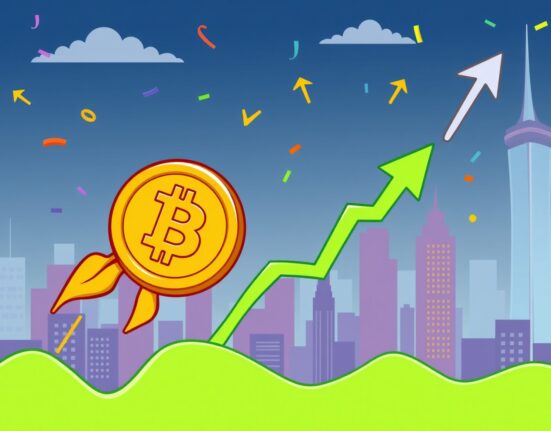 A cartoon rocket shaped like Bitcoin blasting off, symbolizing the stunning Bitcoin price surge.