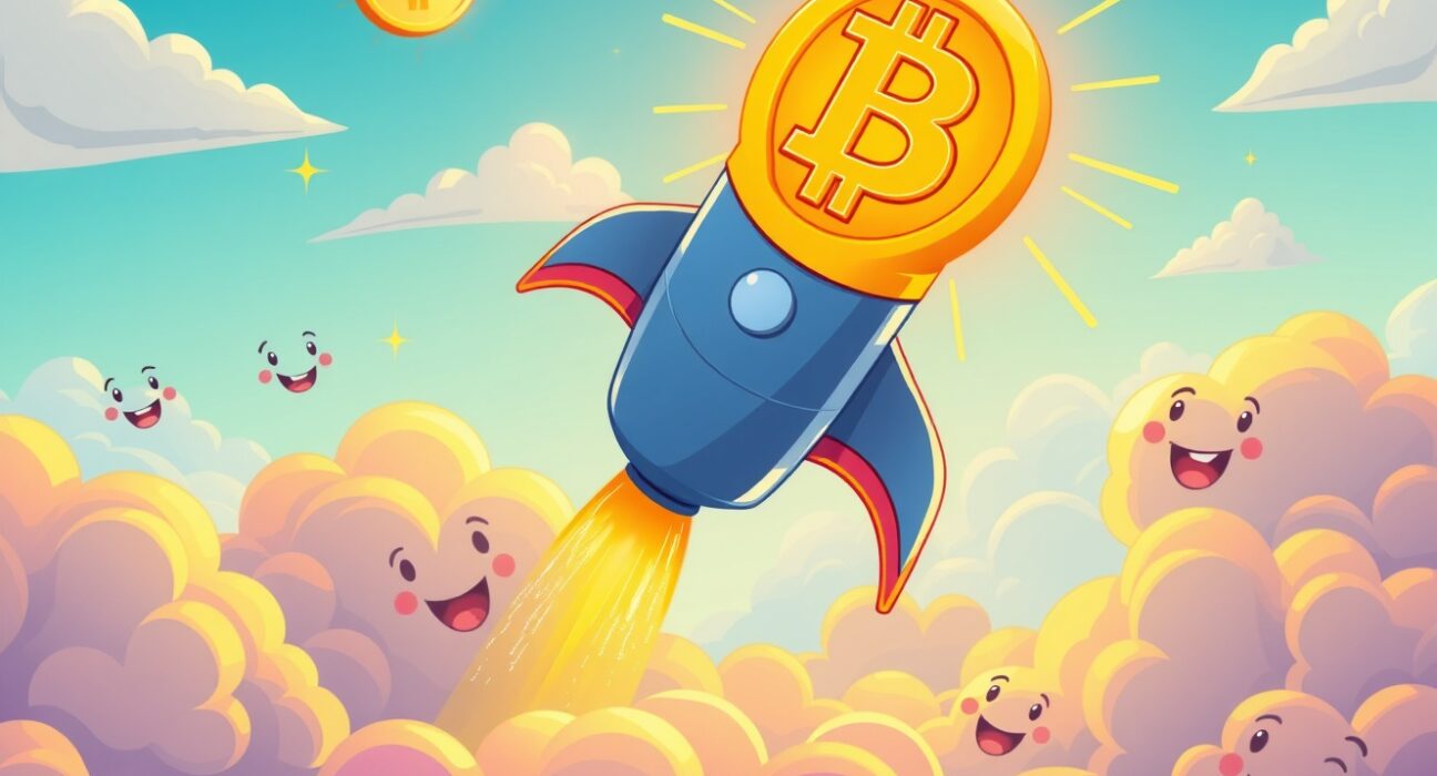 Bitcoin price surge illustrated as rocket reaching new financial heights