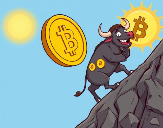 A cartoon bull powerfully pushing a Bitcoin coin uphill, symbolizing the current Bitcoin price surge.