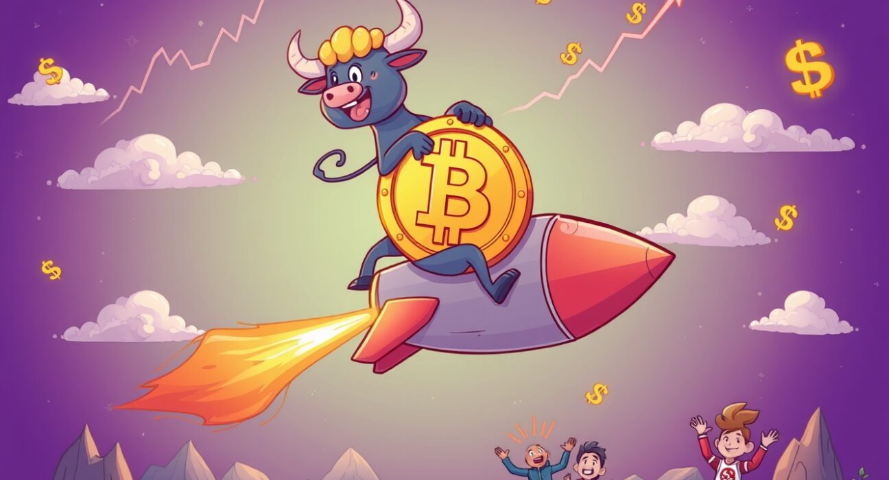 Bitcoin price surge illustrated as a bull riding a rocket through financial clouds