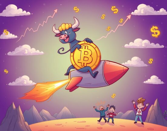 Bitcoin price surge illustrated as a bull riding a rocket through financial clouds