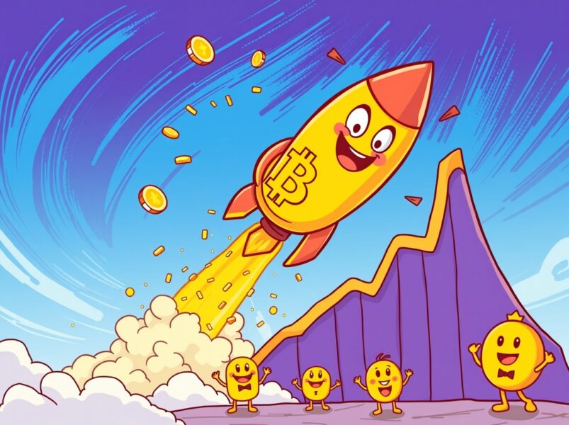 Bitcoin price surge illustrated as a bull riding a rocket through financial clouds