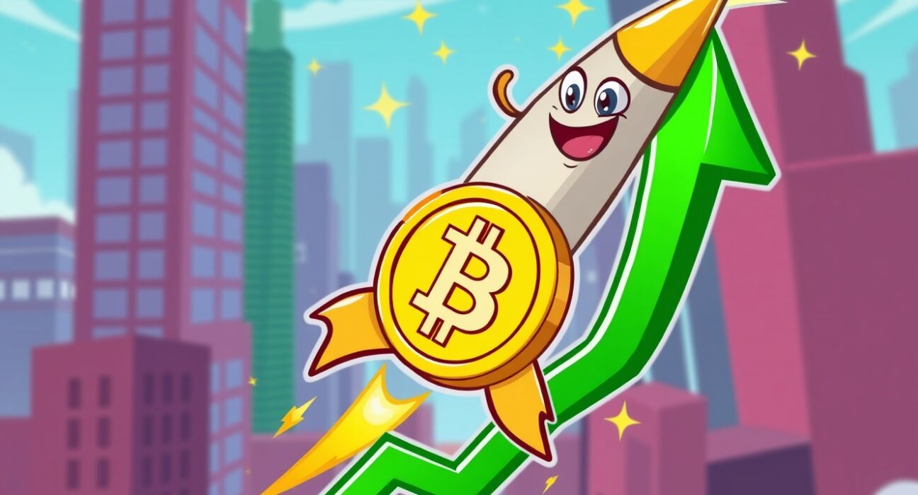 A triumphant cartoon Bitcoin coin celebrating as it surges past the $90,000 price milestone on a chart.