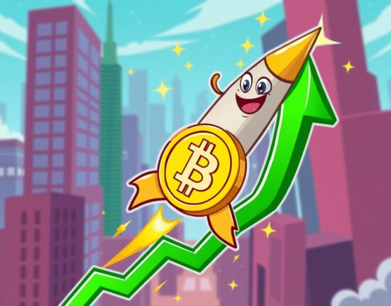 A triumphant cartoon Bitcoin coin celebrating as it surges past the $90,000 price milestone on a chart.