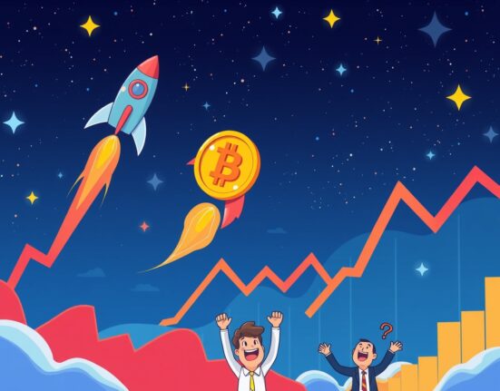 BTC price surge illustrated as rocket Bitcoin coin soaring above financial charts