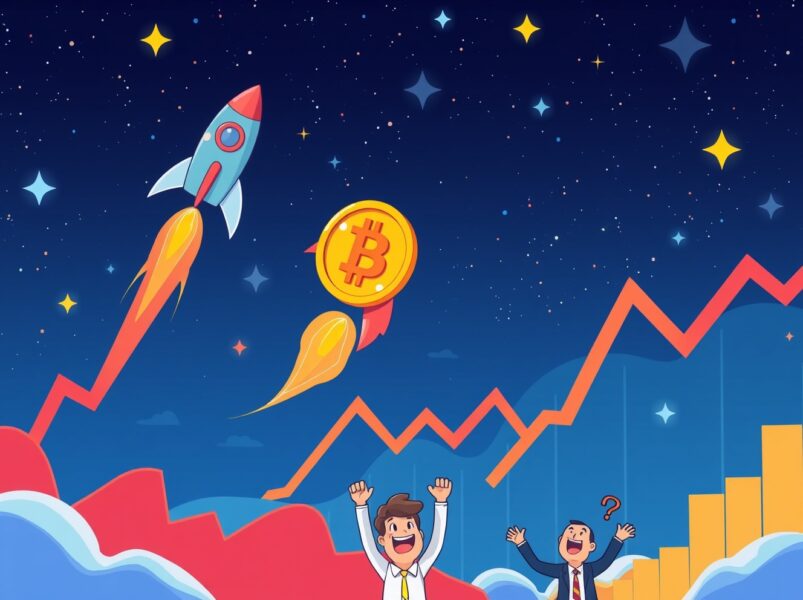 BTC price surge illustrated as rocket Bitcoin coin soaring above financial charts