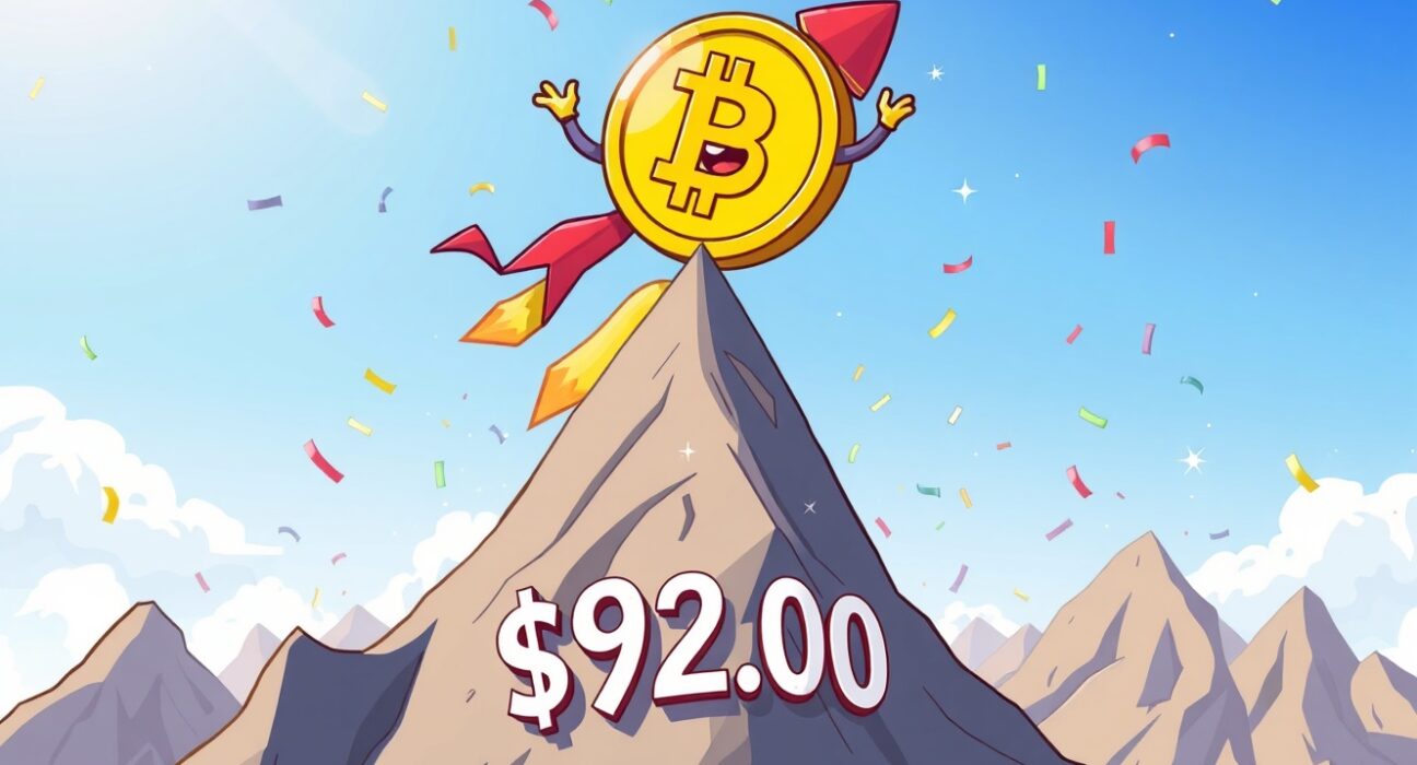 A triumphant cartoon Bitcoin rocket celebrating its price surge above $92,000.