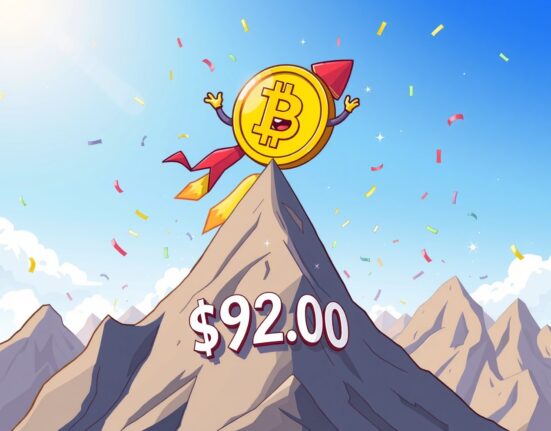 A triumphant cartoon Bitcoin rocket celebrating its price surge above $92,000.