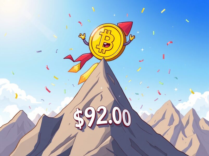 A triumphant cartoon Bitcoin rocket celebrating its price surge above $92,000.