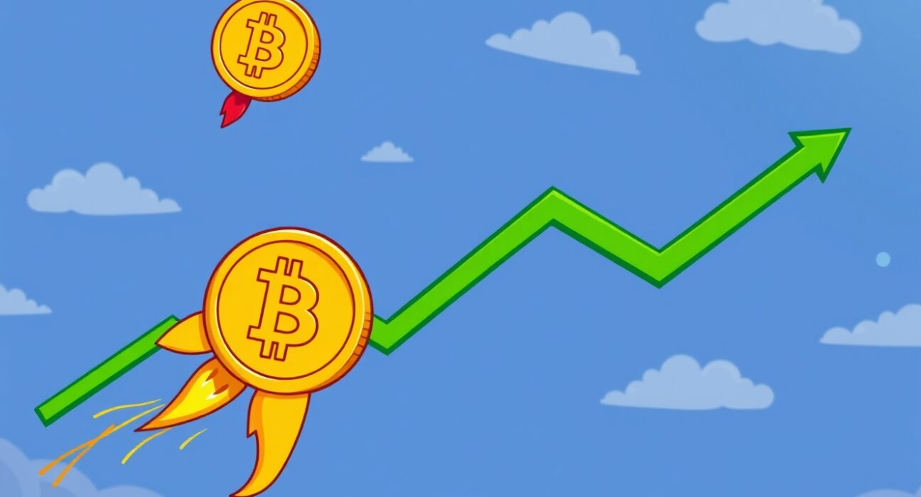 Bitcoin rocket ship soaring upward representing BTC price surge above $93000