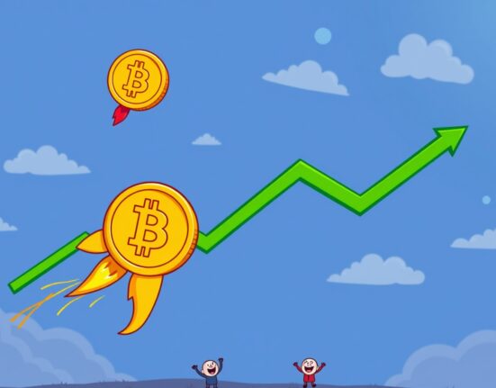 Bitcoin price surge celebration with rocket Bitcoin soaring through clouds