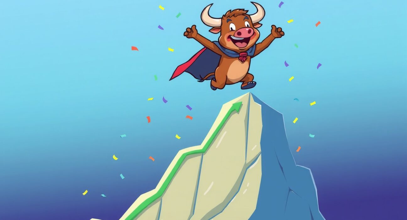 A celebratory cartoon bull leaping over a chart illustrating the dramatic Bitcoin price surge.