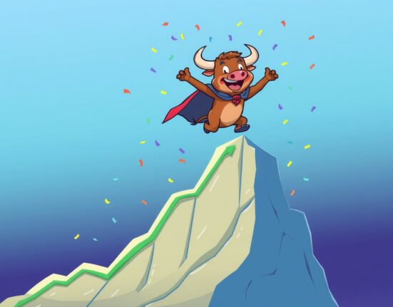 A celebratory cartoon bull leaping over a chart illustrating the dramatic Bitcoin price surge.