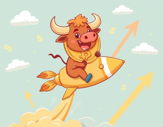 Bitcoin price celebration with bull riding rocket through financial clouds