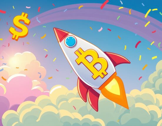 Bitcoin price rocket soaring to new heights in celebratory cartoon illustration