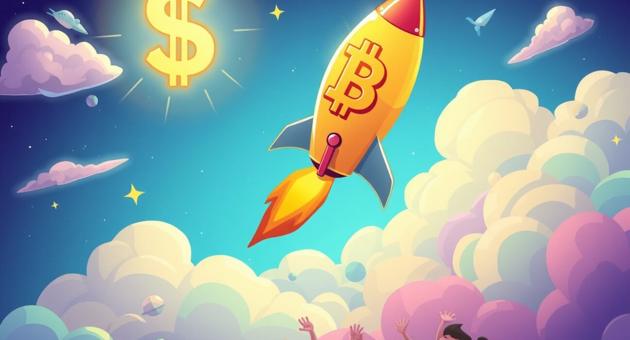 Bitcoin price surge celebration with rocket-shaped cryptocurrency symbol soaring upward