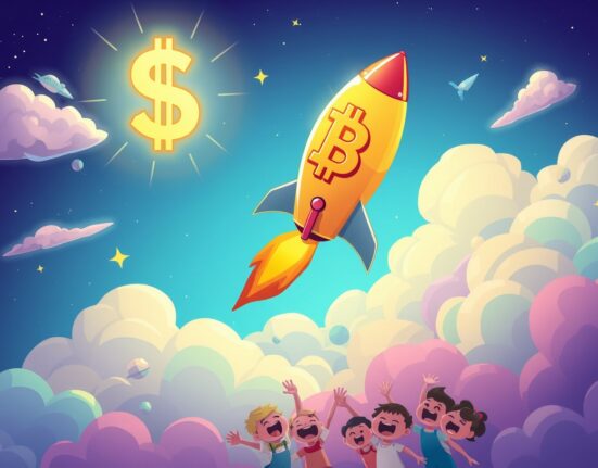 Bitcoin price surge celebration with rocket-shaped cryptocurrency symbol soaring upward