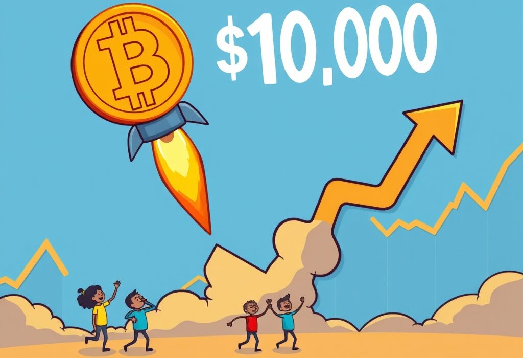 A vibrant cartoon showing a Bitcoin price surge past $109,000, illustrating the market's upward momentum.