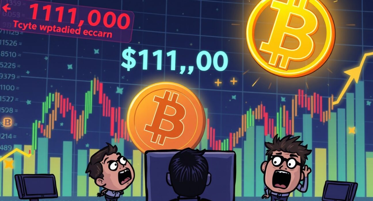 Cartoon illustration depicting the monumental Bitcoin price surge as BTC breaks above $111,000, signifying market excitement.