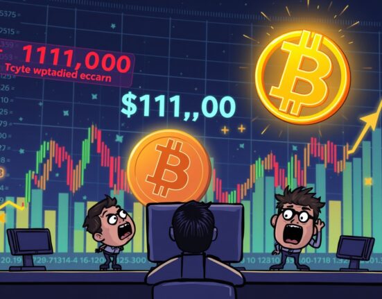 A vibrant cartoon illustration showing a significant Bitcoin price surge as a golden BTC coin soars upwards.
