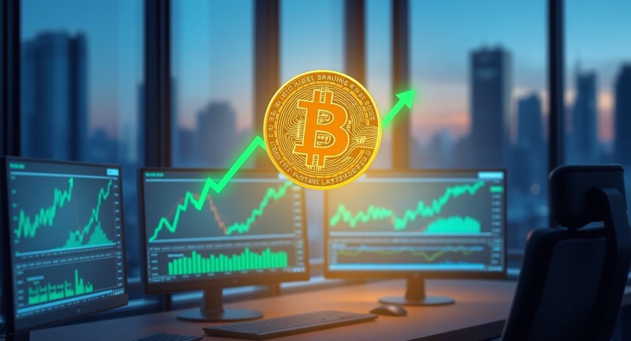 Bitcoin price surge: glowing BTC coin above trading dashboard with upward charts