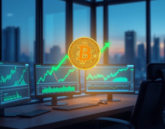 Bitcoin price surge: glowing BTC coin above trading dashboard with upward charts