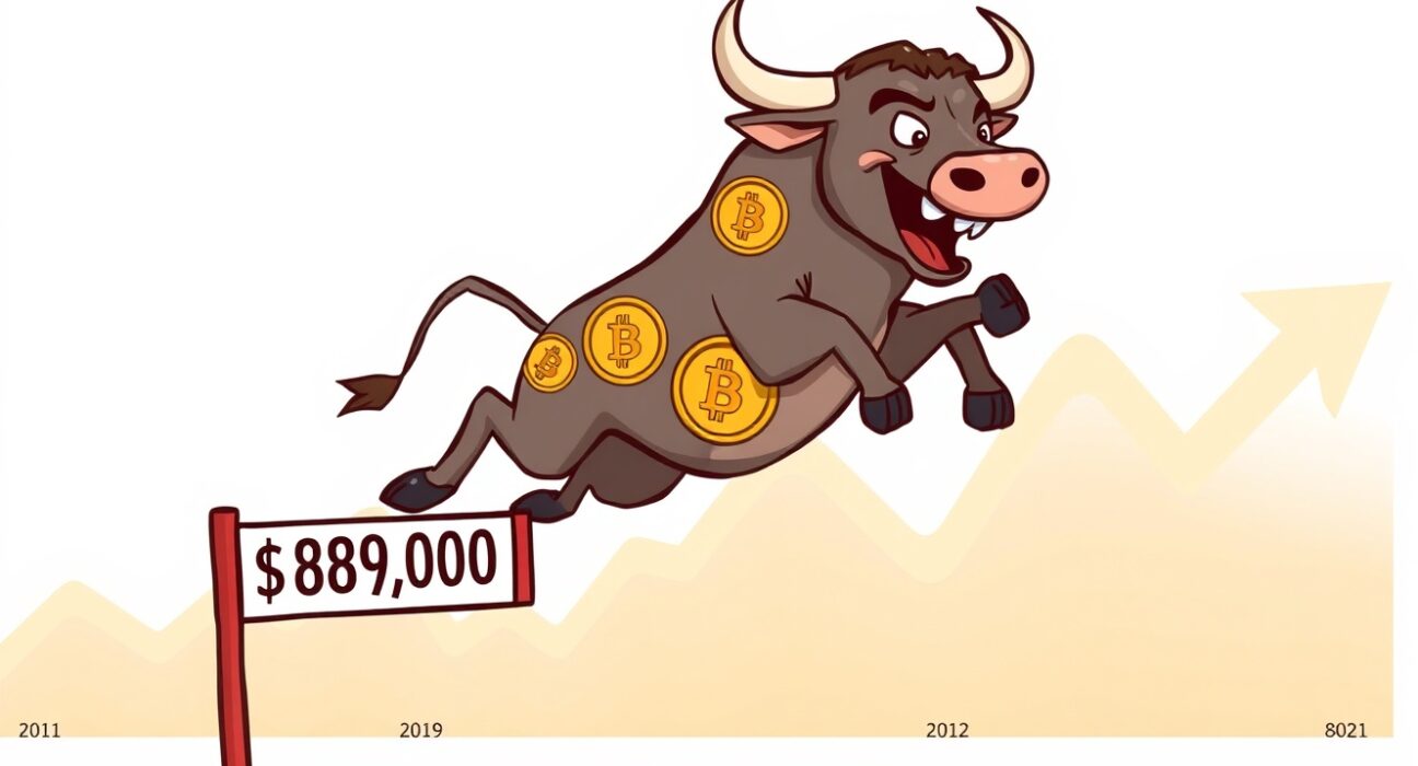 A vibrant cartoon bull leaping over the $89,000 mark, symbolizing the powerful Bitcoin price surge.