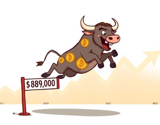 A vibrant cartoon bull leaping over the $89,000 mark, symbolizing the powerful Bitcoin price surge.