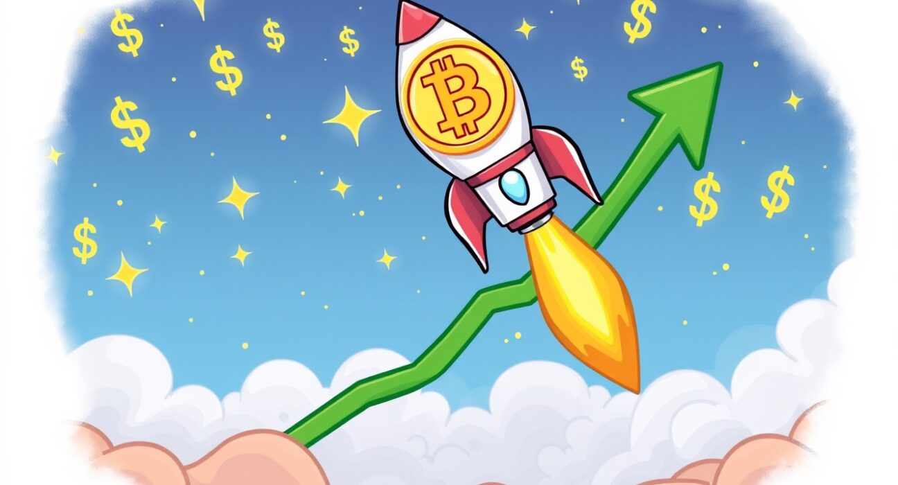 A cartoon rocket shaped like Bitcoin blasting off, symbolizing the stunning Bitcoin price surge.