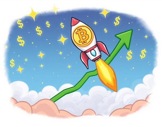 A cartoon rocket shaped like Bitcoin blasting off, symbolizing the stunning Bitcoin price surge.